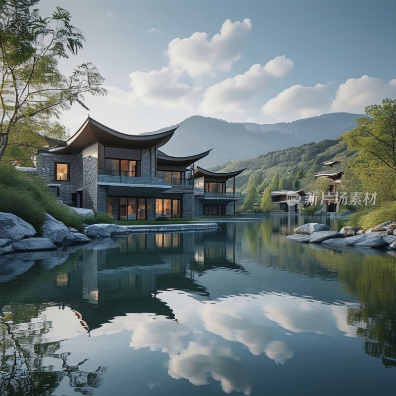 山庄湖景倒影美