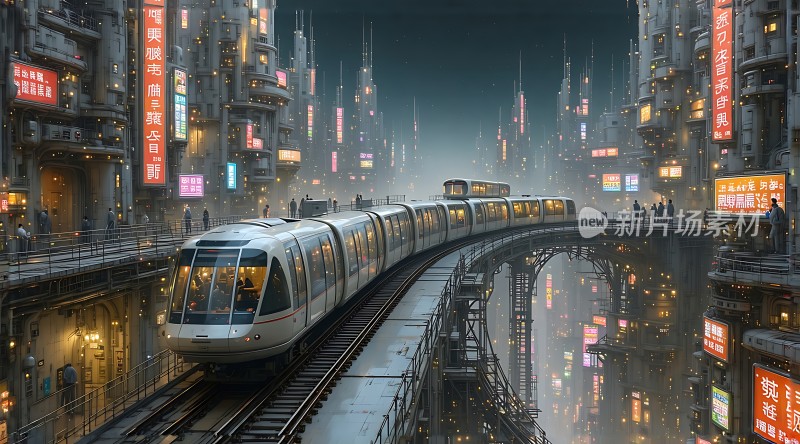 未来城市列车穿梭高楼之间
