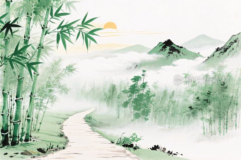 水墨山水竹林画