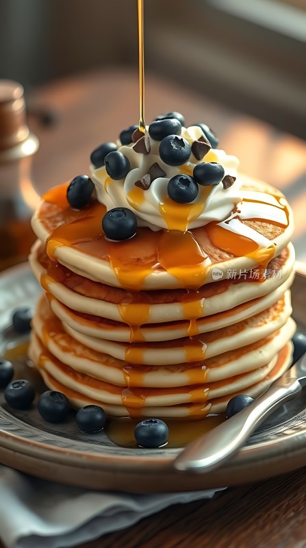 蓝莓奶油煎饼配糖浆