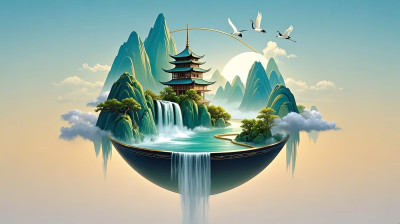 水墨山水画风景国潮艺术东方意境插画背景