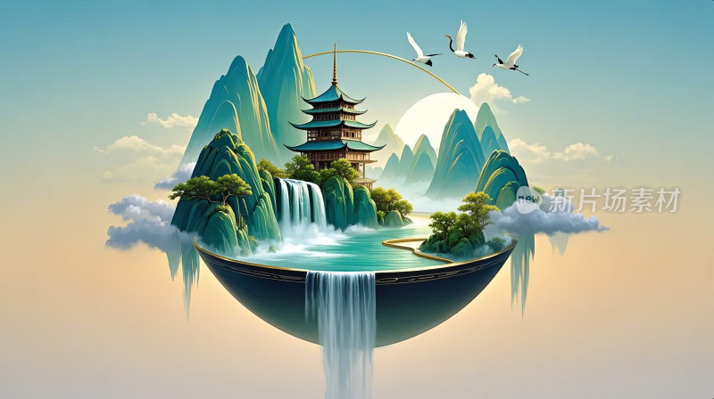 水墨山水画风景国潮艺术东方意境插画背景