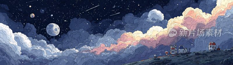 梦幻星空下的云海与房屋