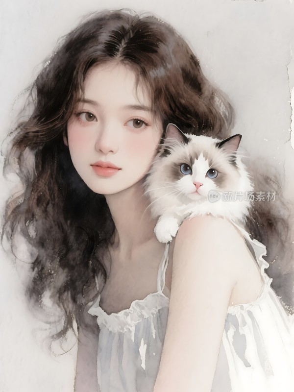 长发女孩与猫咪温馨互动