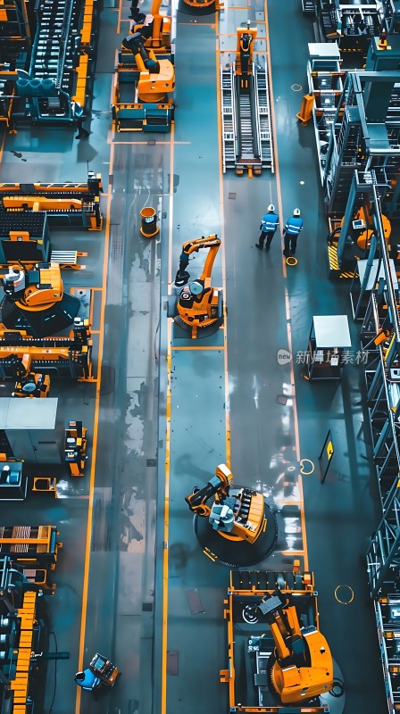 智能工厂橙色机械臂与工人协作生产