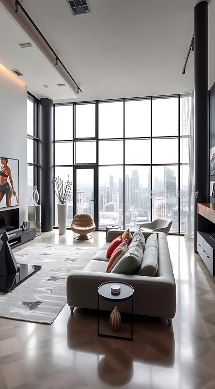 现代都市客厅全景落地窗时尚家具城市景观