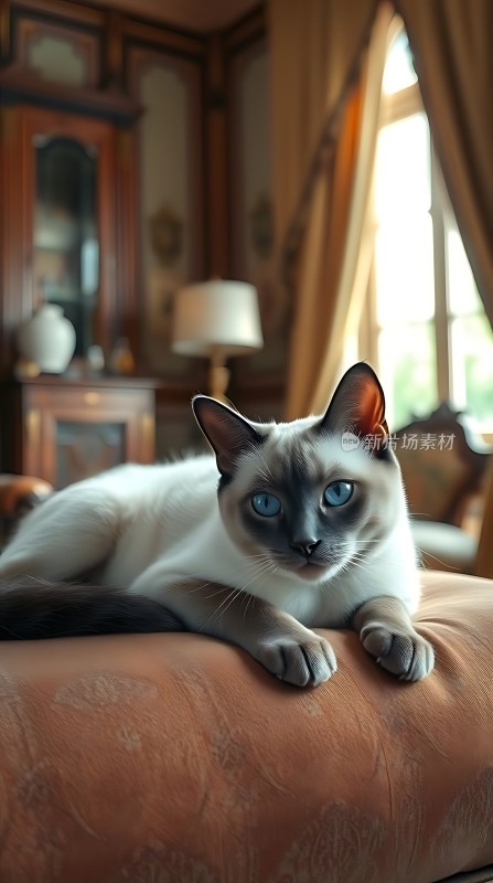 蓝眼睛猫咪慵懒趴在沙发上