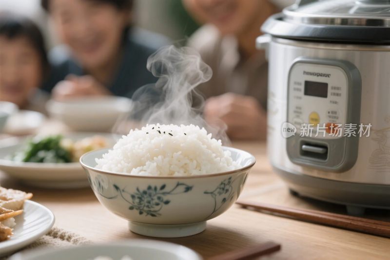 家庭餐桌米饭与电饭煲