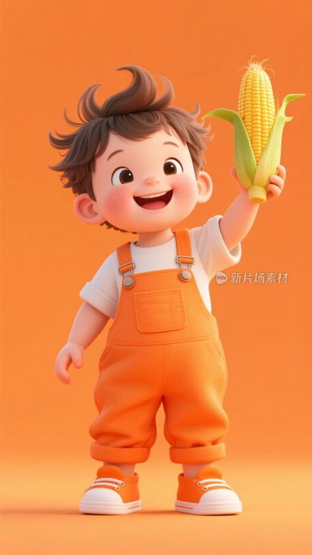 手持玉米的可爱卡通小男孩