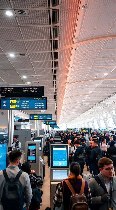 机场繁忙景象旅客排队办理登机手续