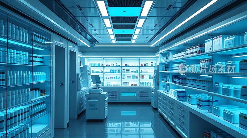 现代药房药品整齐排列环境整洁明亮