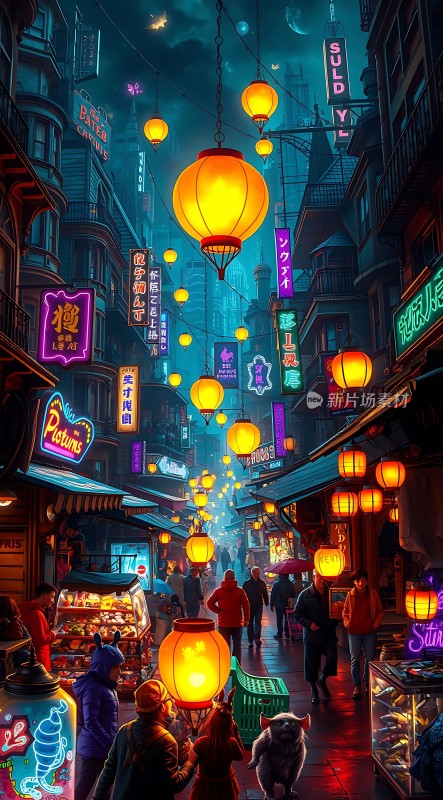 霓虹灯下的繁华夜市