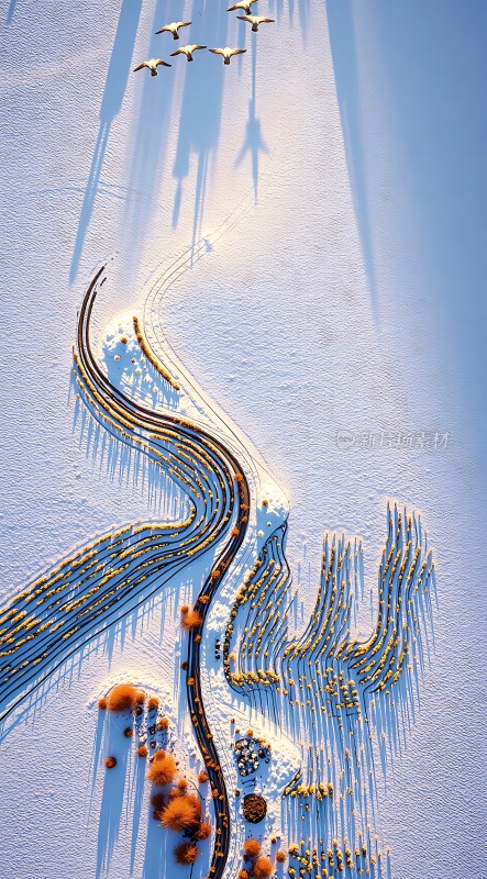 雪地上的金色道路与飞翔的鸟群