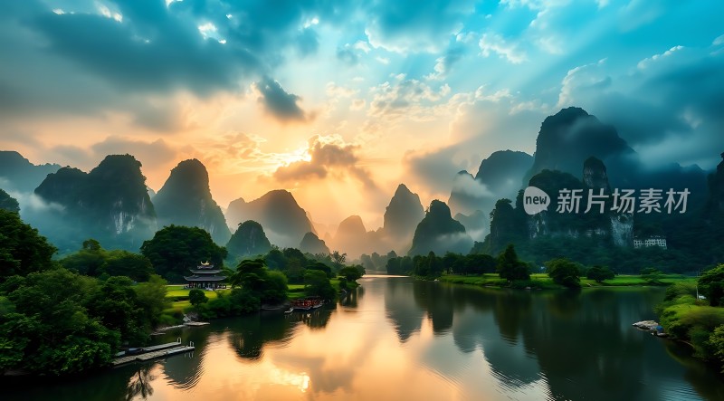 晨曦映照下的山水画卷