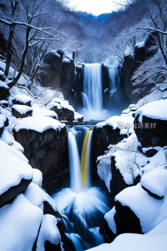 树林里的雪瀑布地面上有雪高清风景图片