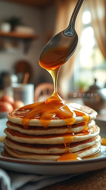 糖浆浇在松软煎饼上
