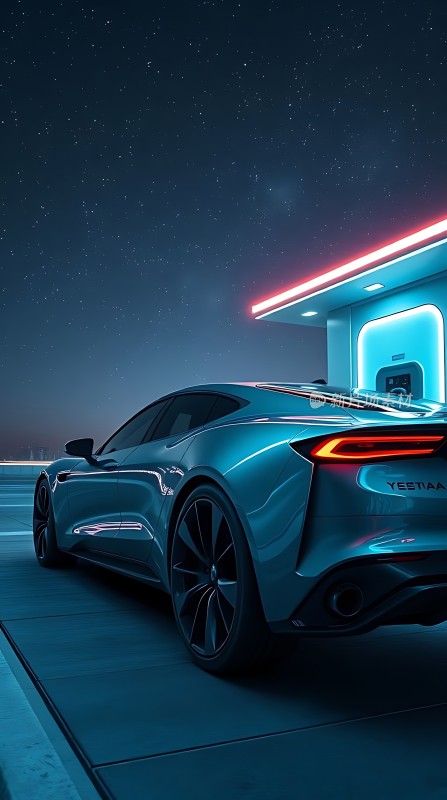 夜幕下的蓝色跑车未来感十足！