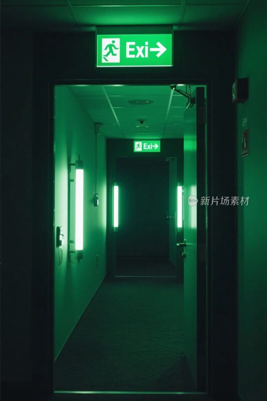 紧急出口走廊绿色光影