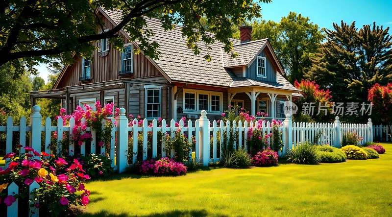 温馨小屋绿树繁花环绕宁静家园