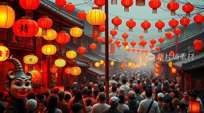 春节庙会人潮涌动红灯笼高高挂起热闹非凡