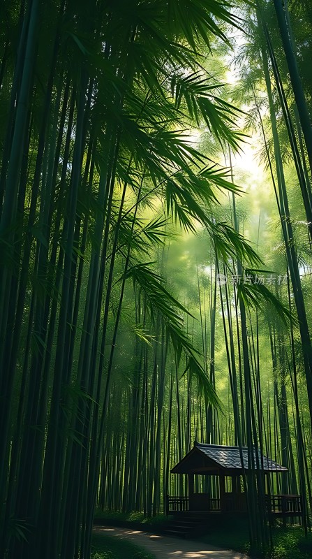 阳光下的竹林小亭