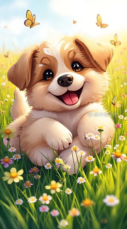 阳光下的快乐小狗与蝴蝶共舞
