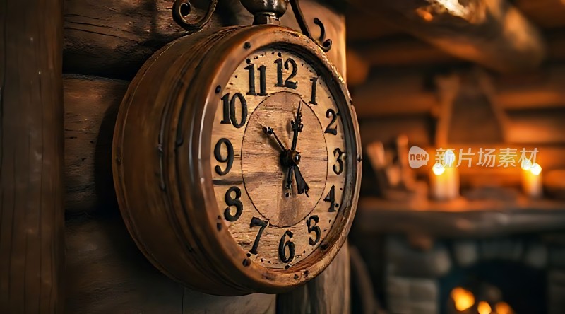 古铜色时钟静置木墙前