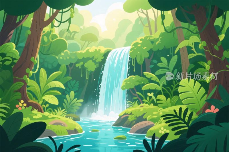 森林瀑布卡通插画