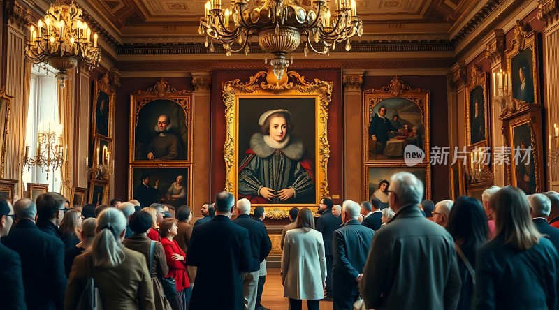 艺术殿堂里的观众与巨幅肖像画