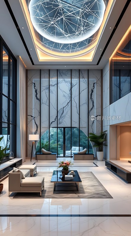 现代奢华客厅设计大理石墙面与玻璃窗的结合时尚家具与植物点缀营造舒适优雅氛围