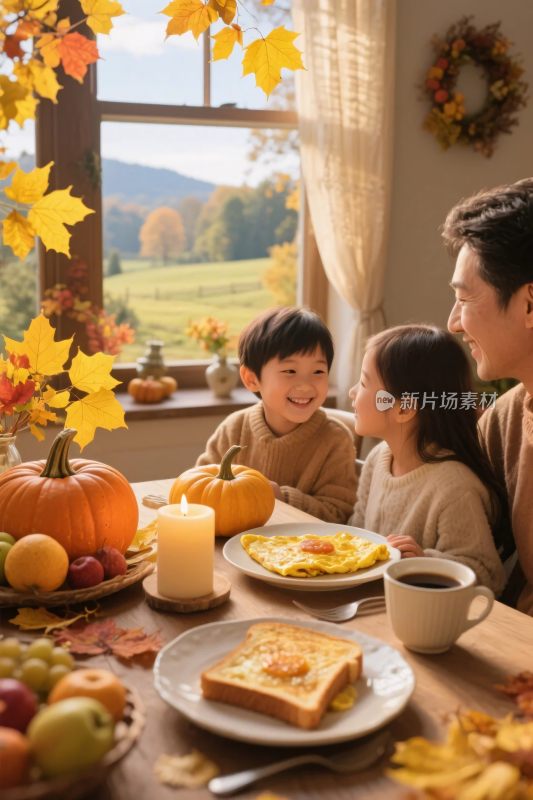 一家人秋日温馨早餐场景