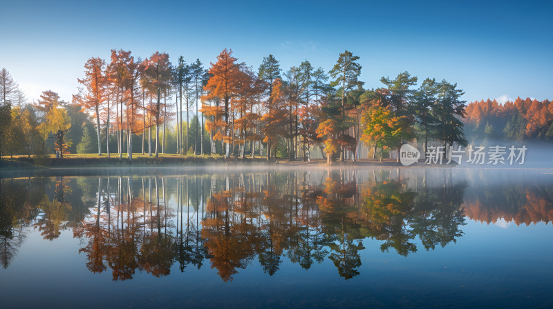 秋日湖光湖泊秋景森林树林树木枫叶枫树美景