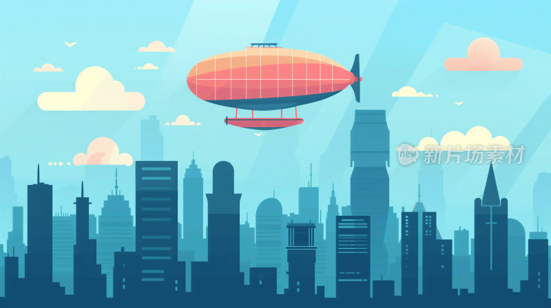 扁平插画风格的飞艇飞行在城市上空