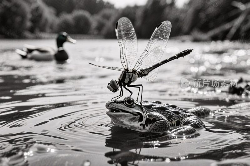 蜻蜓青蛙水面互动