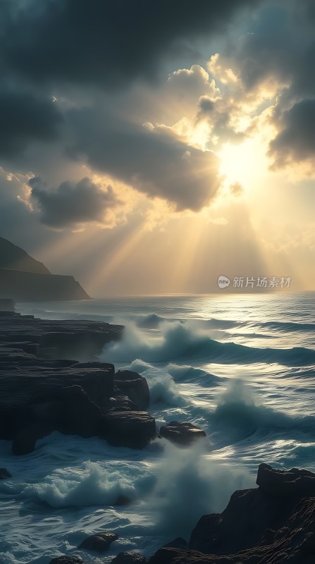 阳光下的海浪与岩石