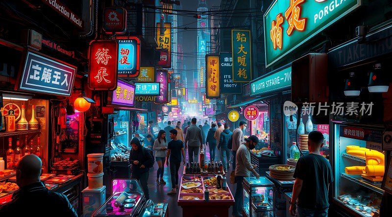 霓虹灯下的繁华夜市