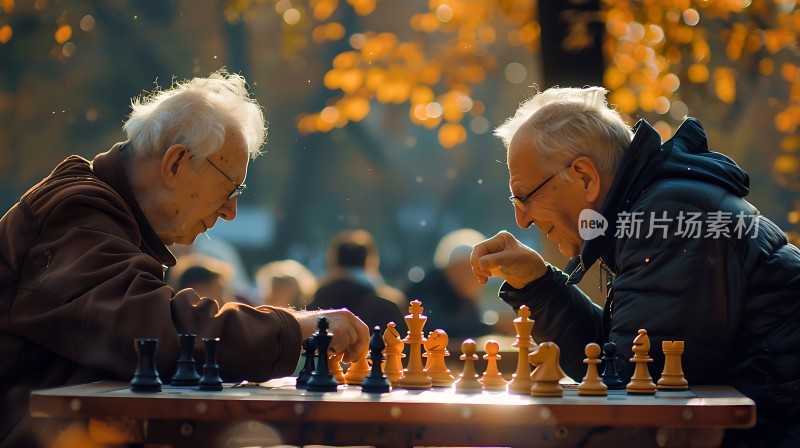 两位老人对弈棋局阳光下的智慧较量
