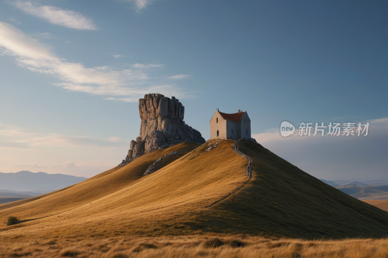 山上一座小建筑有天空背景高清风景图片