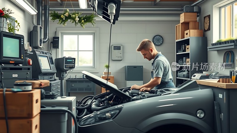 修车工人在车间里精心修理汽车