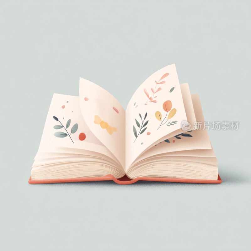 插画风格翻开带花卉图案的书