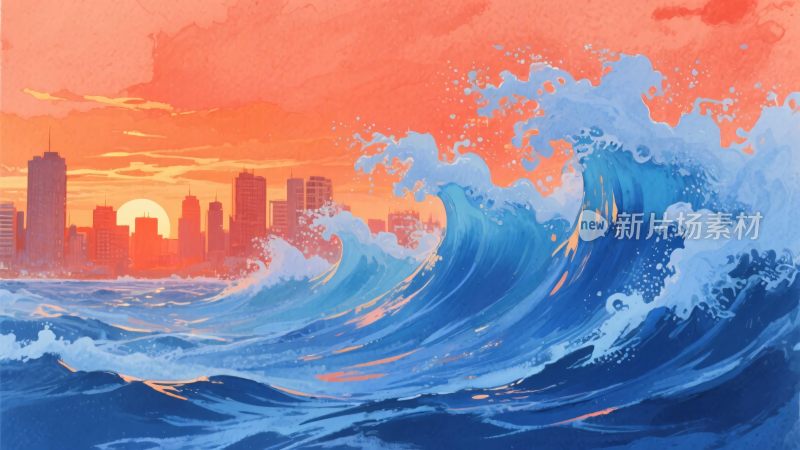 城市边汹涌海浪的壮丽景观