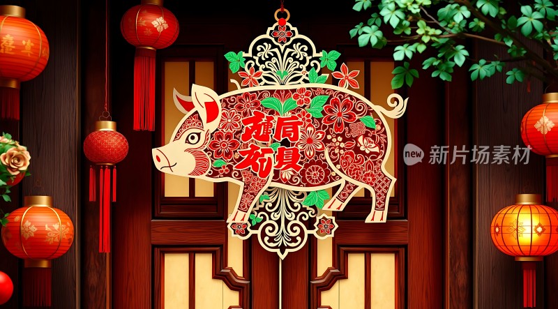 猪年大吉迎新春红灯笼映照幸福门
