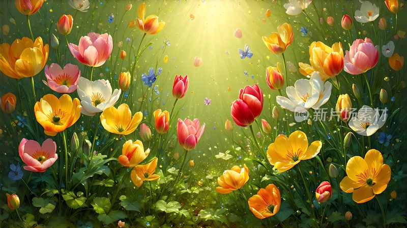 阳光下的多彩郁金香花海