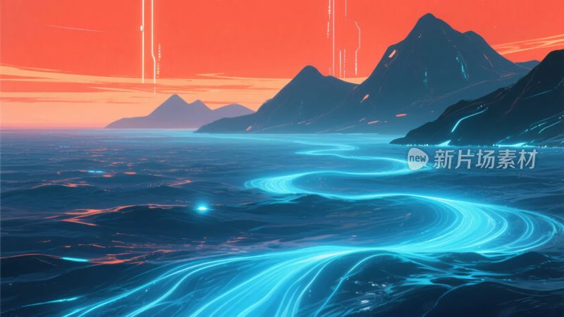 科幻风格的山海夜景插画