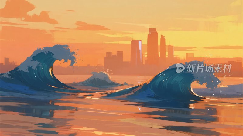 夕阳下城市旁的海浪景观