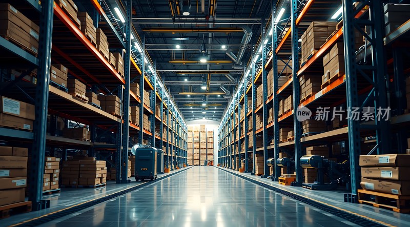 仓库深处货物堆积如山机器人忙碌穿梭