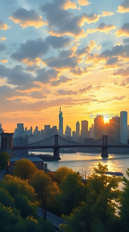 日落时分的纽约天际线与自由女神像