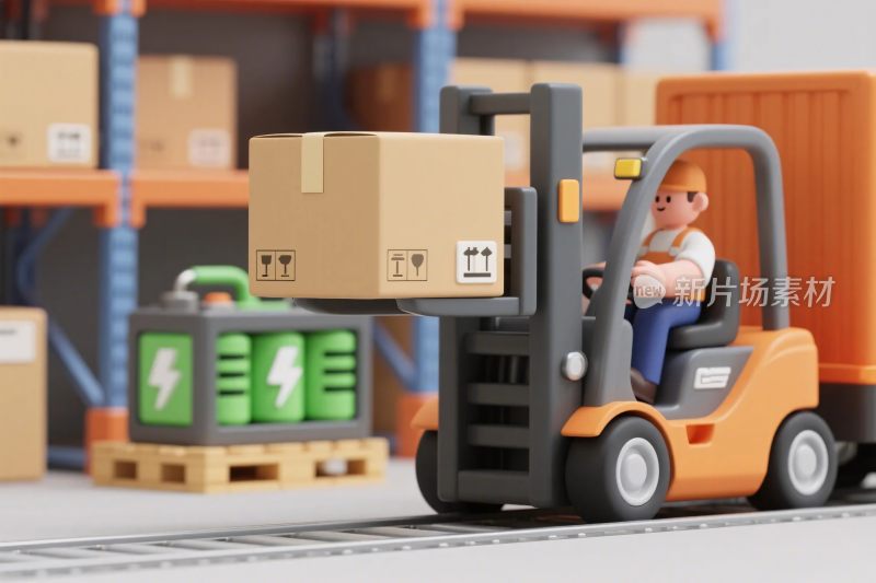 仓库叉车搬运纸箱插画