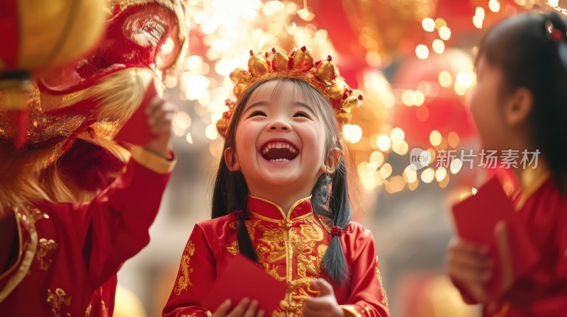 中国新年春节元宵节儿童小孩小女孩开心的笑