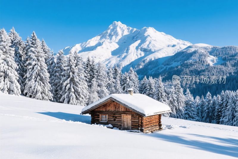 雪山木屋雪景图
